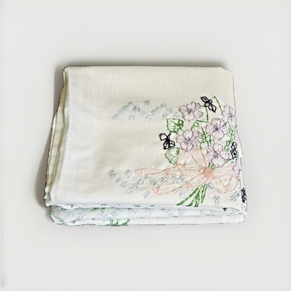 Vtg Muslin Pillowcases Two Hand Embroidered Purple Pansy Thomaston Cottagecore